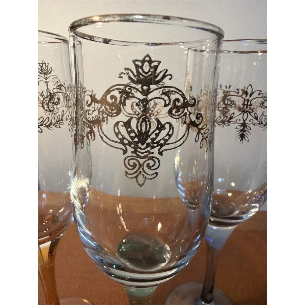Vtg Champagne Toasting Flutes Colored Iridescent Stem Gold Trim Wedding Set Of 4